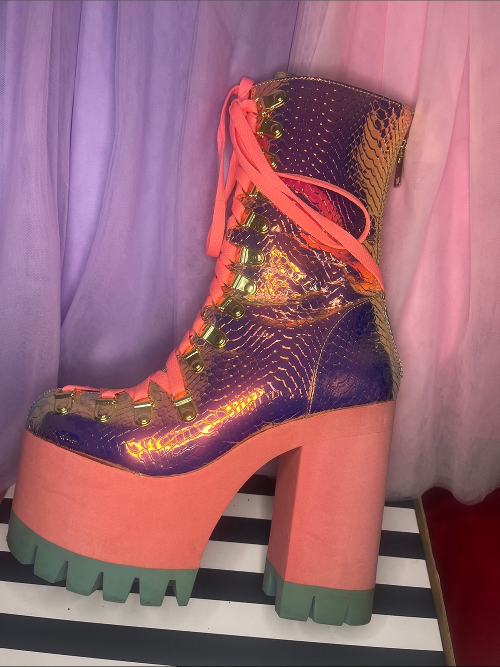 Iridescent Purple Platform Lace-Up Boots with Coral Laces - Picture 4 of 12
